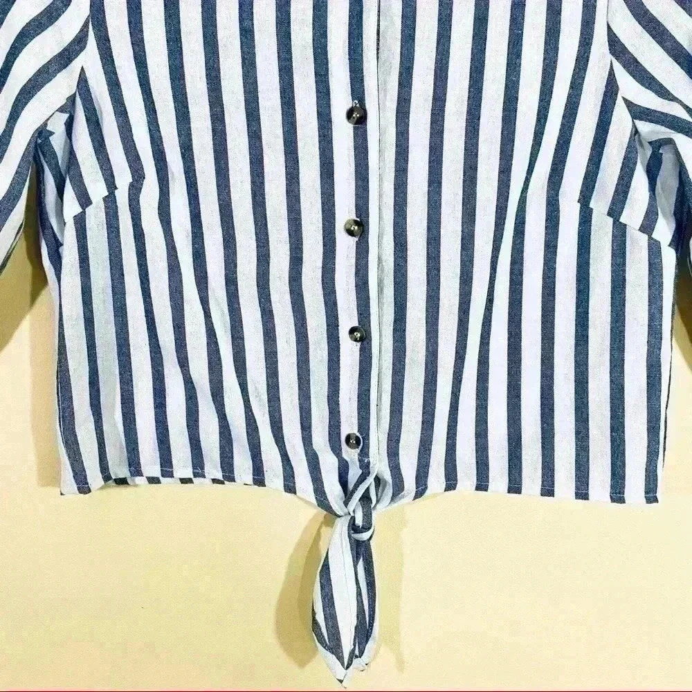 Miss Love Blue/White Stripe Collared Long Sleeve Button Down Tie Crop Top (S) - Picture 4 of 12